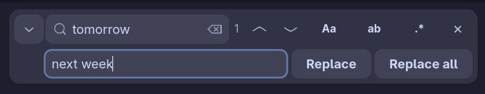 The find and replace bar floating over the text, searching for the word tomorrow with one match