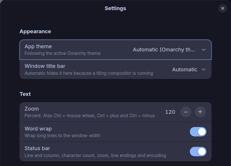 The Settings dialog with app theme, window title bar, zoom, word wrap and status bar options